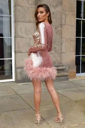 2024 Sexy Ladies Sequins Feather Skirt Dress New Fashion Women Long Sleeve Dress Ostrich Fur Gowns Elegant Female Party Dresses