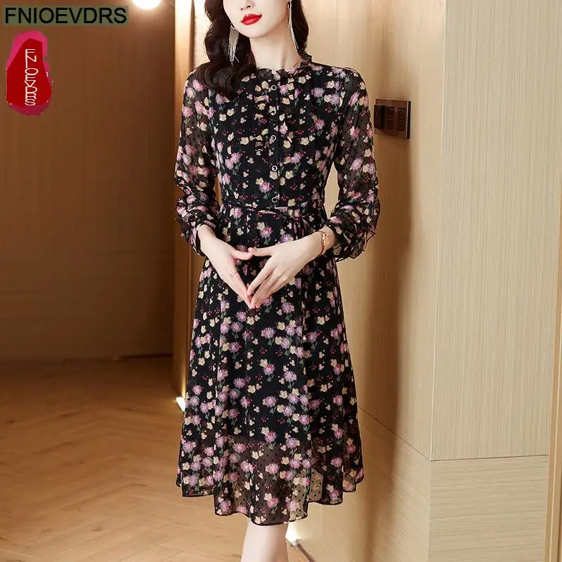 Casual Holiday Shirt Dress Women New 2024 French European Style Design Ruffles Bow Tie Floral Print Retro Long Dresses Vestidos