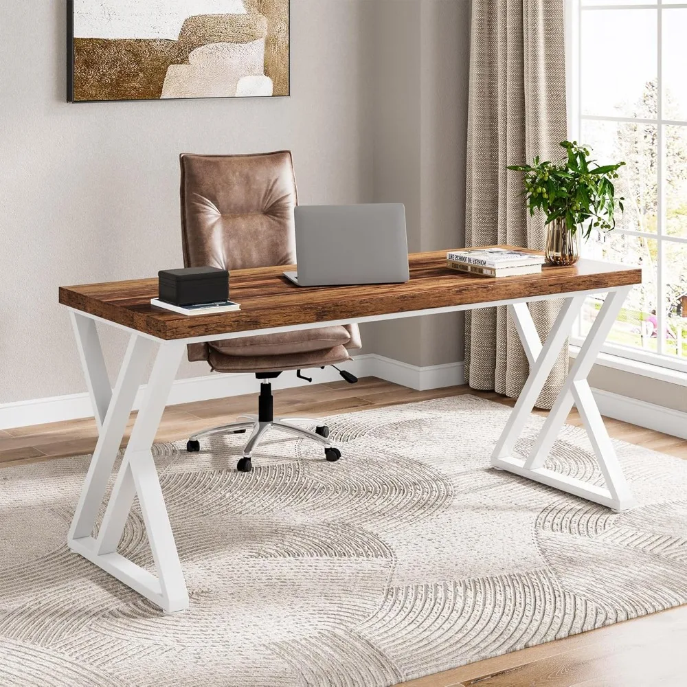 

Modern Walnut/White 55" Heavy Duty Computer Desk, Study & Work Desk, 23.6"D x 55.1"W x 29.5"H, Z-Shaped Metal Legs,