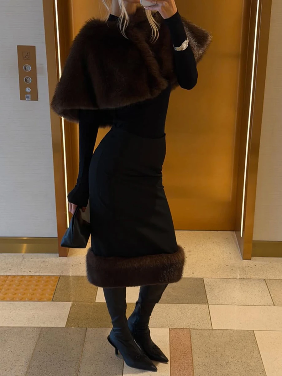 LIMO Women 2 Piece Outfit Faux Fur Cape & Midi Skirt Set Elegant Party Matching Suit