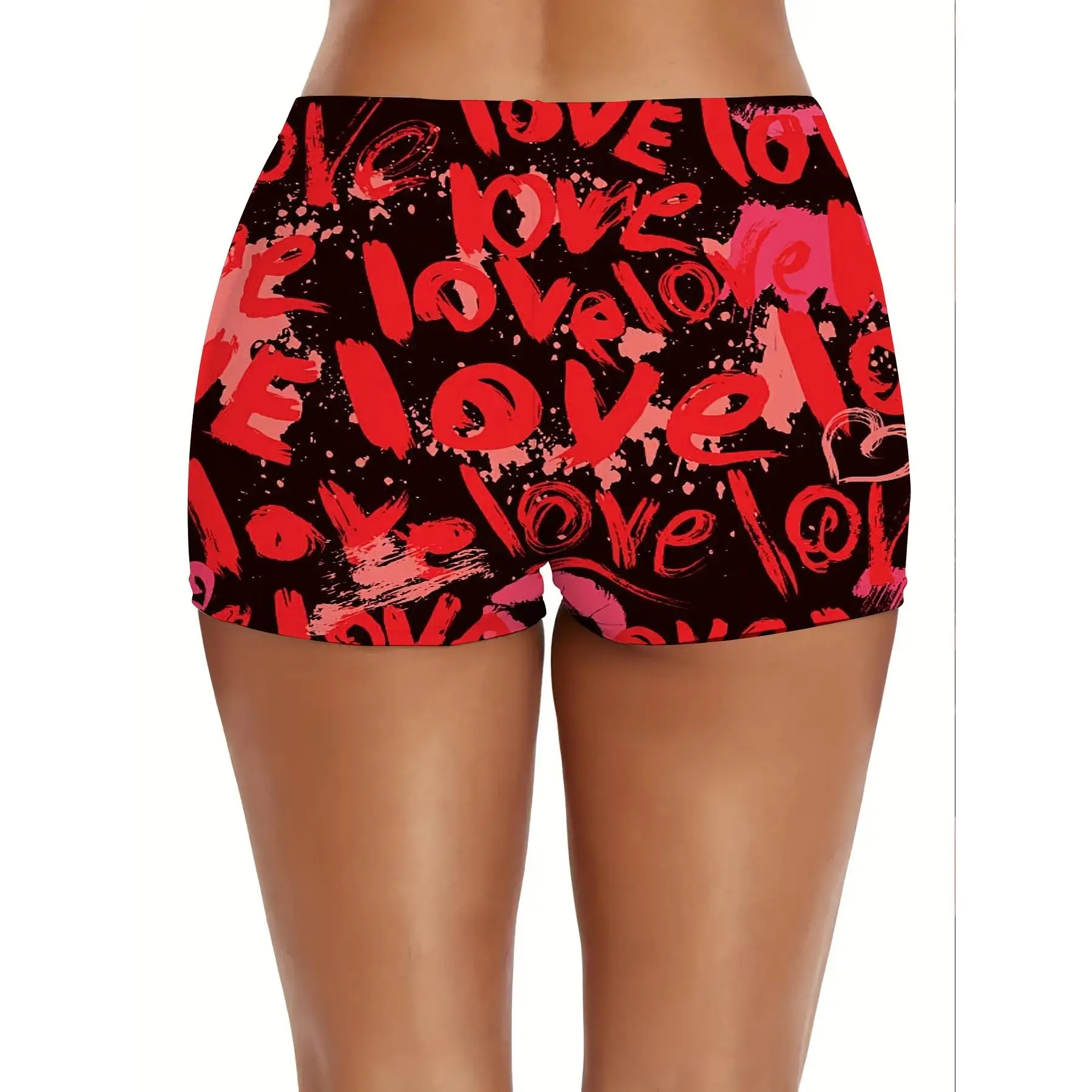 Red Valentine Plus Size Women High Waist Shorts | Full Printed Red Black Love Pattern and Text for Casual Wear and Valentine Day