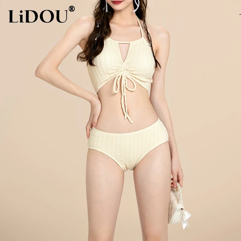 Summer Sexy Solid Color Swimwears Women High Waist Lady Three Piece Suits Holiday Beach Swimsuit Bikinis Set Y2K Female Clothes