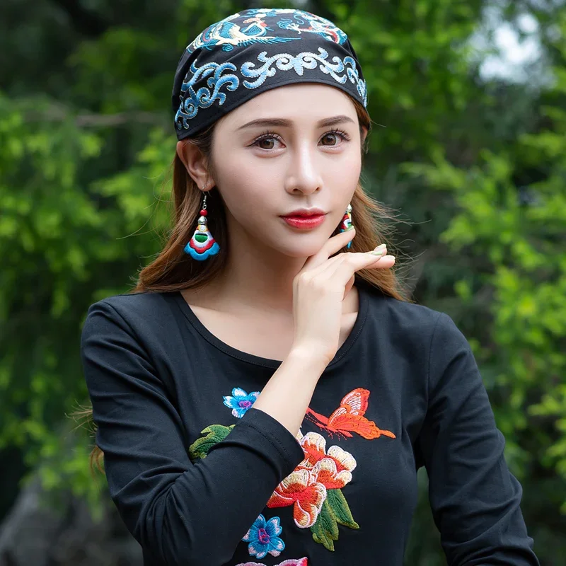 Mexican Style Embroidery Ethnic Vintage Black Blue Red Rose Beading Bandanas Women Winter Original Hippie Hat Skullies