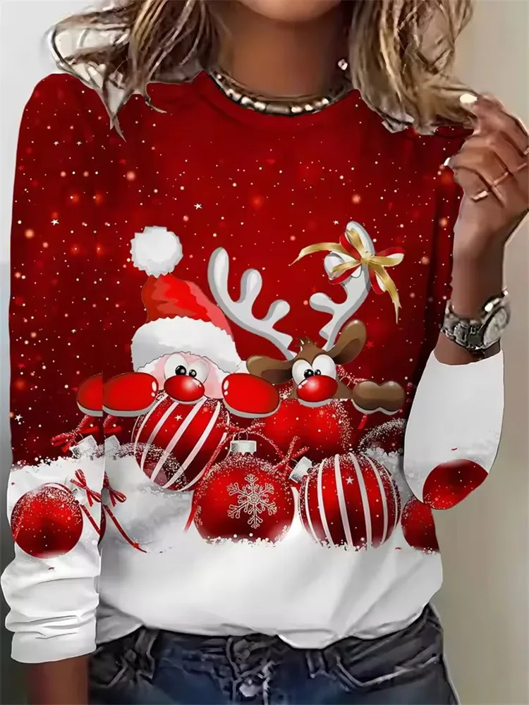 Christmas Theme Santa Claus 3D Prints Casual Women's Long Sleeved T shirt Tee Sports Pullover O-Neck Tops Autumn Winter Clothing