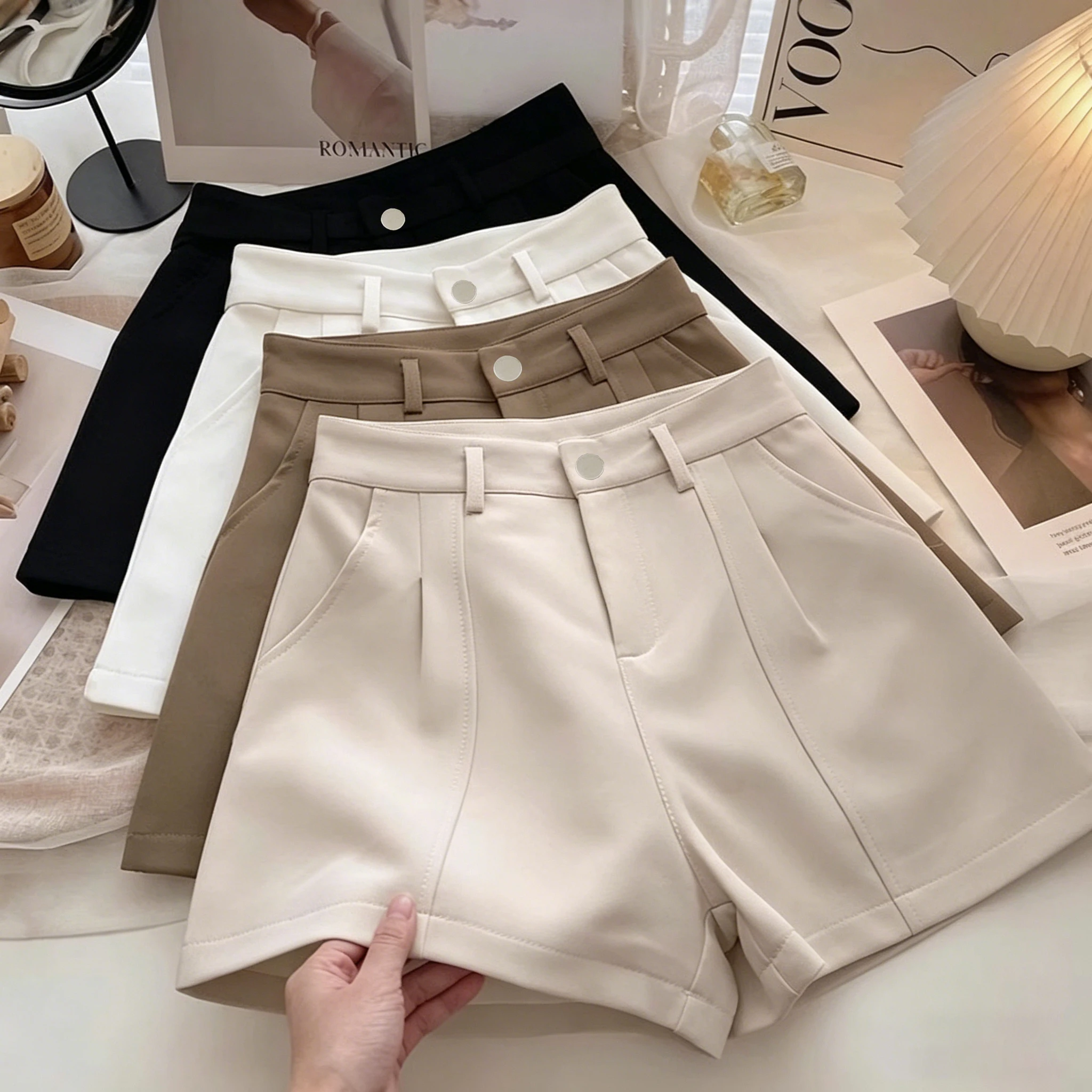 Women‘s Casual Shorts Fashion Elegant Office Lady Commute Vintage Solid High Waist Short Pants Casual Streetwear Summer Trousers