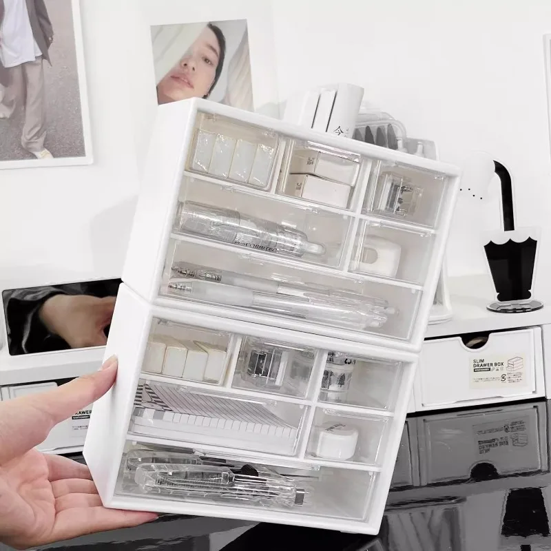 

1/2pcs Desktop 6-grid Drawer Storage Box Transparent Jewelry Cosmetic Organizer Box Student Stationery Pencil Pen Case Organizer