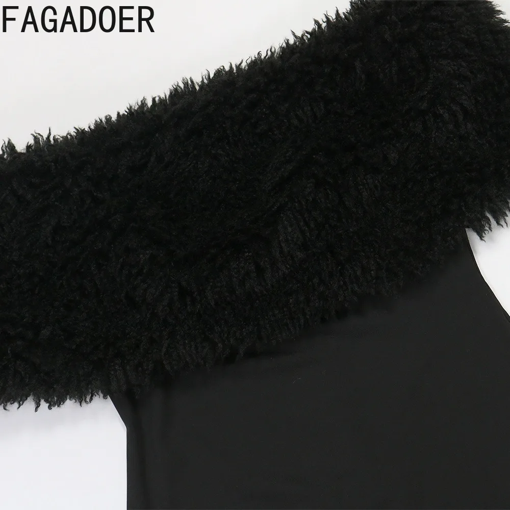 FAGADOER Sexy Fur Patchwork Bodycon Jumpsuits Women Solid Color Off Showlder Backless Rompers Female Streetwear Overalls 2025