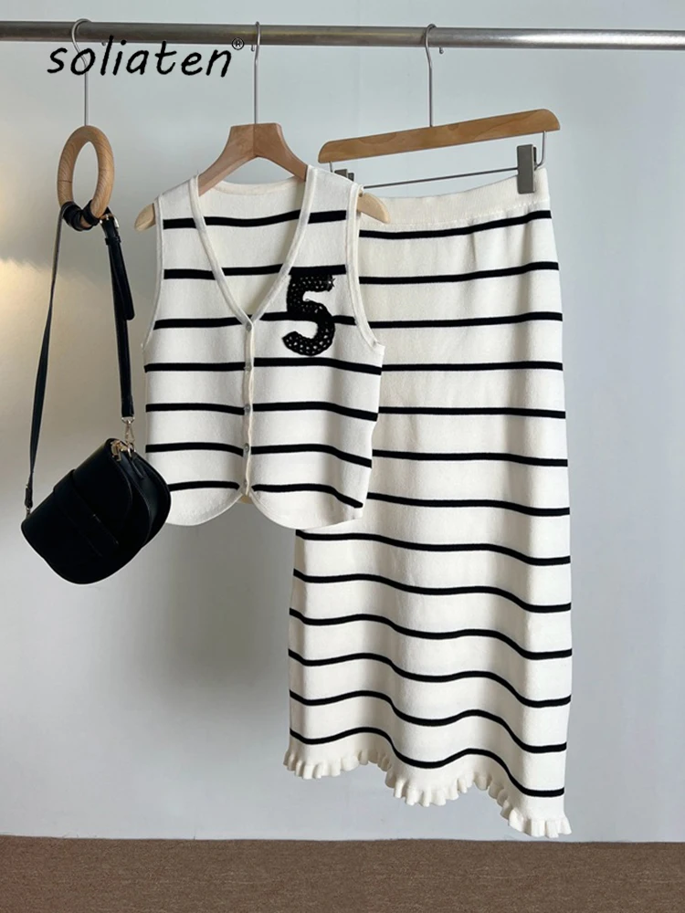 Fashion Striped Knit 2 Piece-Set Women Fashion Zebra Cardigan Vest High Waist Long Skirts Sets Knitwear Outfits C-122