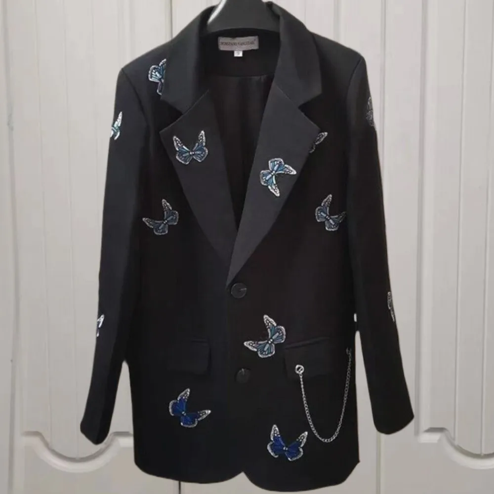 

Summer New Butterfly Embroidery Long sleeved Loose Suit Coat Women black blazer