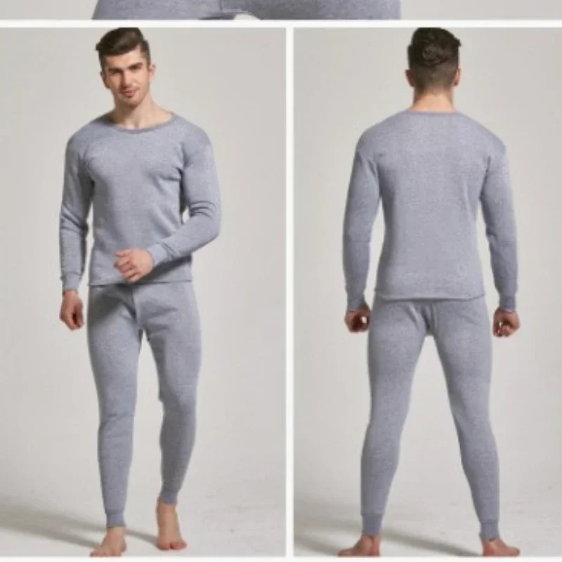 Winter Men\'s Thermal Underwear Bottoms Sets Thickened Warm Undershirts Round Neck Brushed Autumn Solid Men Clothes Tops Pants