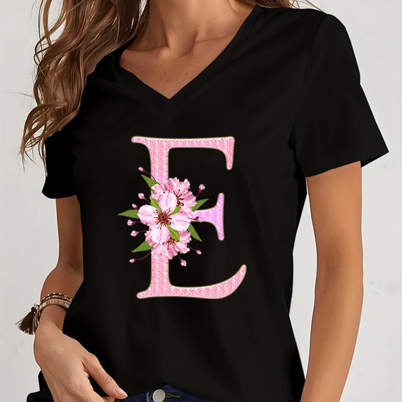 T-shirt imprimé Sakura pour femme, décontracté, col en V, manches courtes, tendance alphabet, sans fleur, mode, été