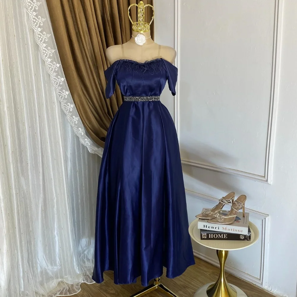 

Customized Exquisite Intricate Charmeuse Rhinestone Feather Draped A-line Off-the-shoulder Long Dresses Bespoke Occasion Dresses