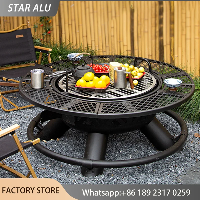 Brasero 3 en 1 para Exteriores, Parrilla para Barbacoa, Mesa Redonda de Carbón, Chimenea con Rejilla de Cocina, Metal Resistente para Patio, Jardín, Fiestas