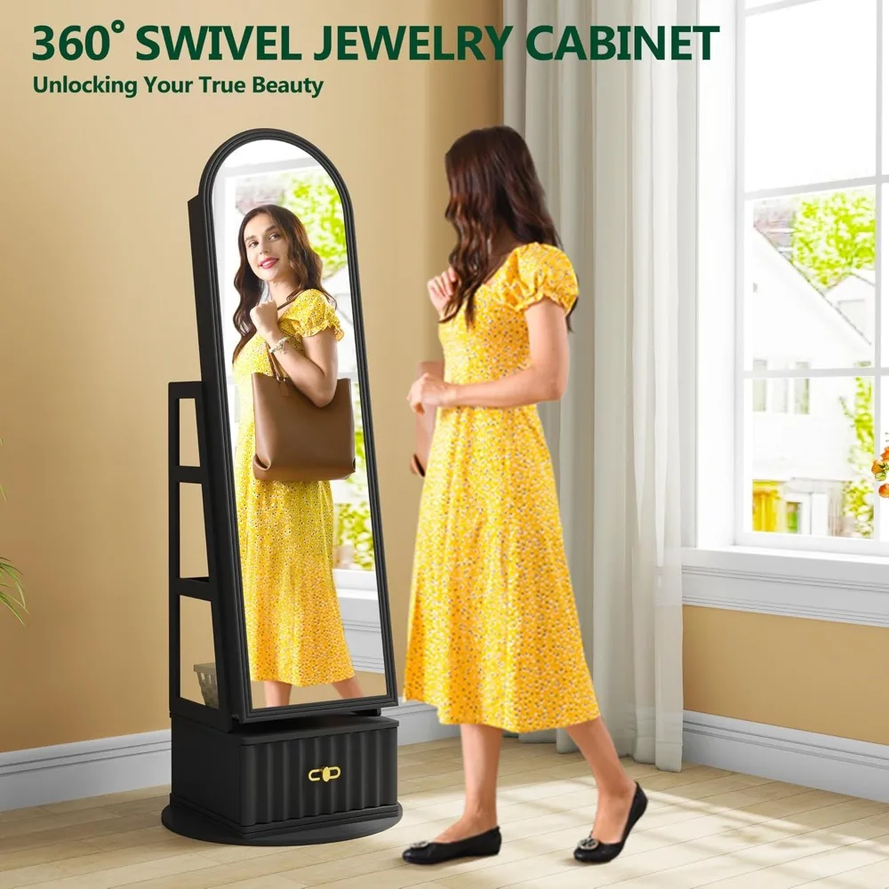 خزانة مجوهرات بمرآة مقاس 63 بوصة، منظم مرآة مجوهرات دوار بطول كامل، مع درج لهدايا النساء والفتيات (أسود)