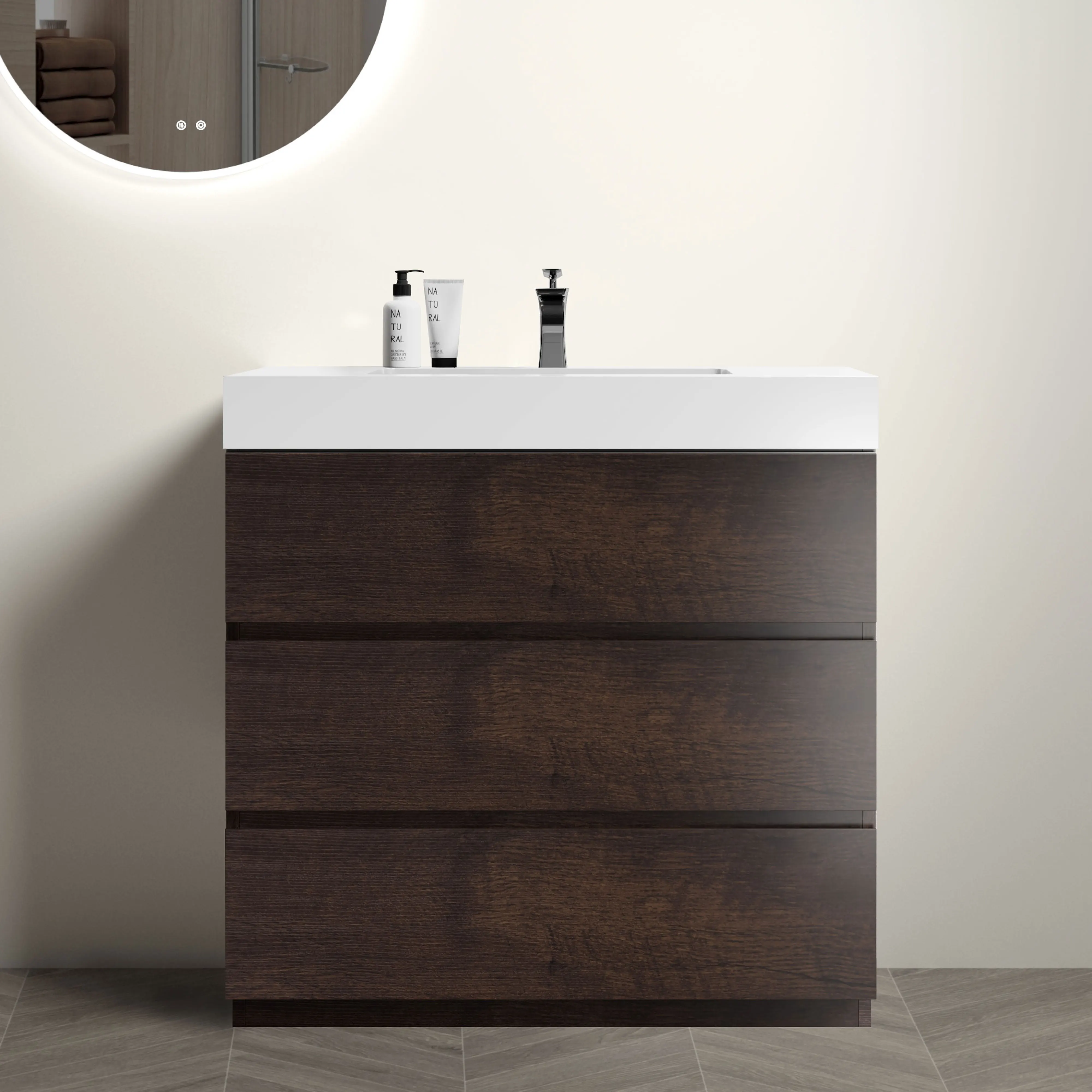 

36" Walnut Bathroom Vanity with Sink, Large Storage Freestanding Bathroom Vanity for Modern Bathroom, One-Piece White Sink Basin