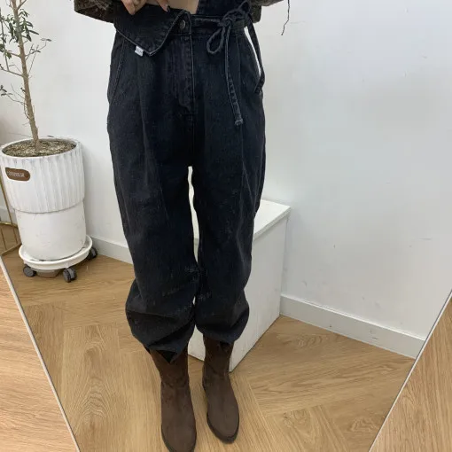 

Casual Black Blue Drawstring Straight Leg Jeans High Waist Wide Leg Pants Standard Fit Spring Autumn Cotton Denim Non-Stretch