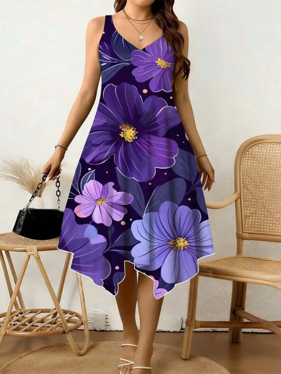 

Purple Floral Print Women V Neck Sleeveless Asymmetrical Hem Dress Breathable Summer Casual