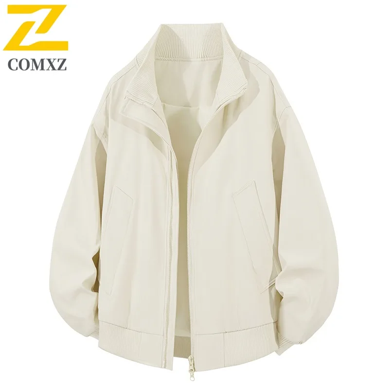 

COMXZ 2025 Men Stand Collar Jacket American Vintage Workwear Loose Fit Casual Fashion Coat Trendy Street Style