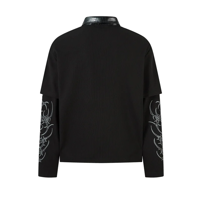 Men's Fashion Graffiti T Shirt High Street Printed Oversized Y2K Tees Fake Two Piece Loose Fit Long Sleeve Tops