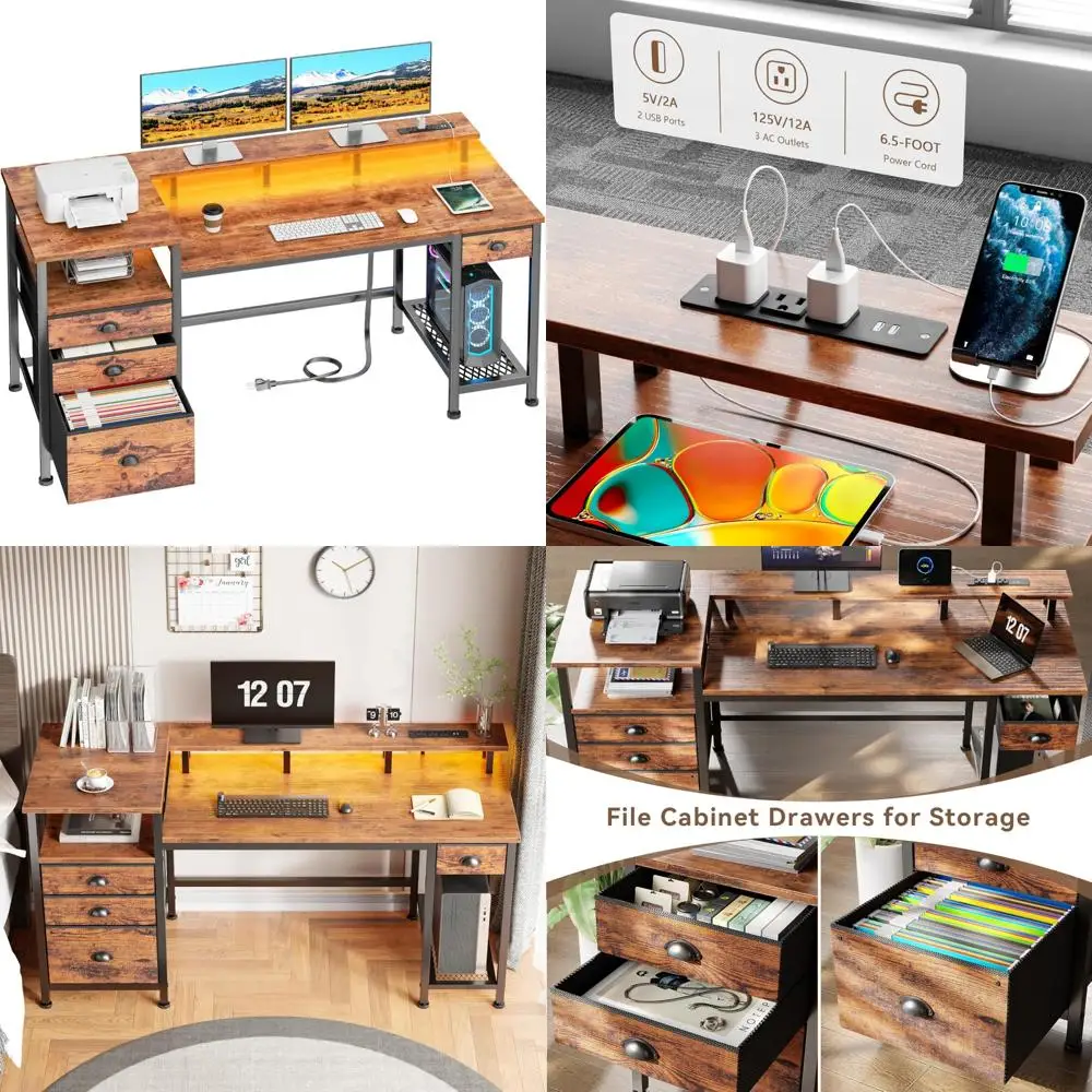 مكتب ألعاب مضاء بإضاءة LED مع 4 أدراج ومنافذ USB ومساحة طابعة للاستخدام المنزلي والمكاتب