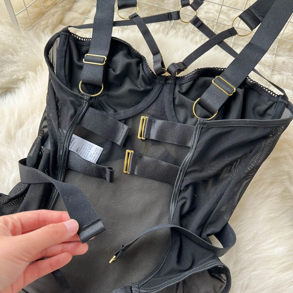 Chilligio-Macacão de Renda de Malha Feminina, Bodysuits, Lingerie, Pijamas Sexy, Catsuits Slim, Íntimo, Erótico, Combinação Oca