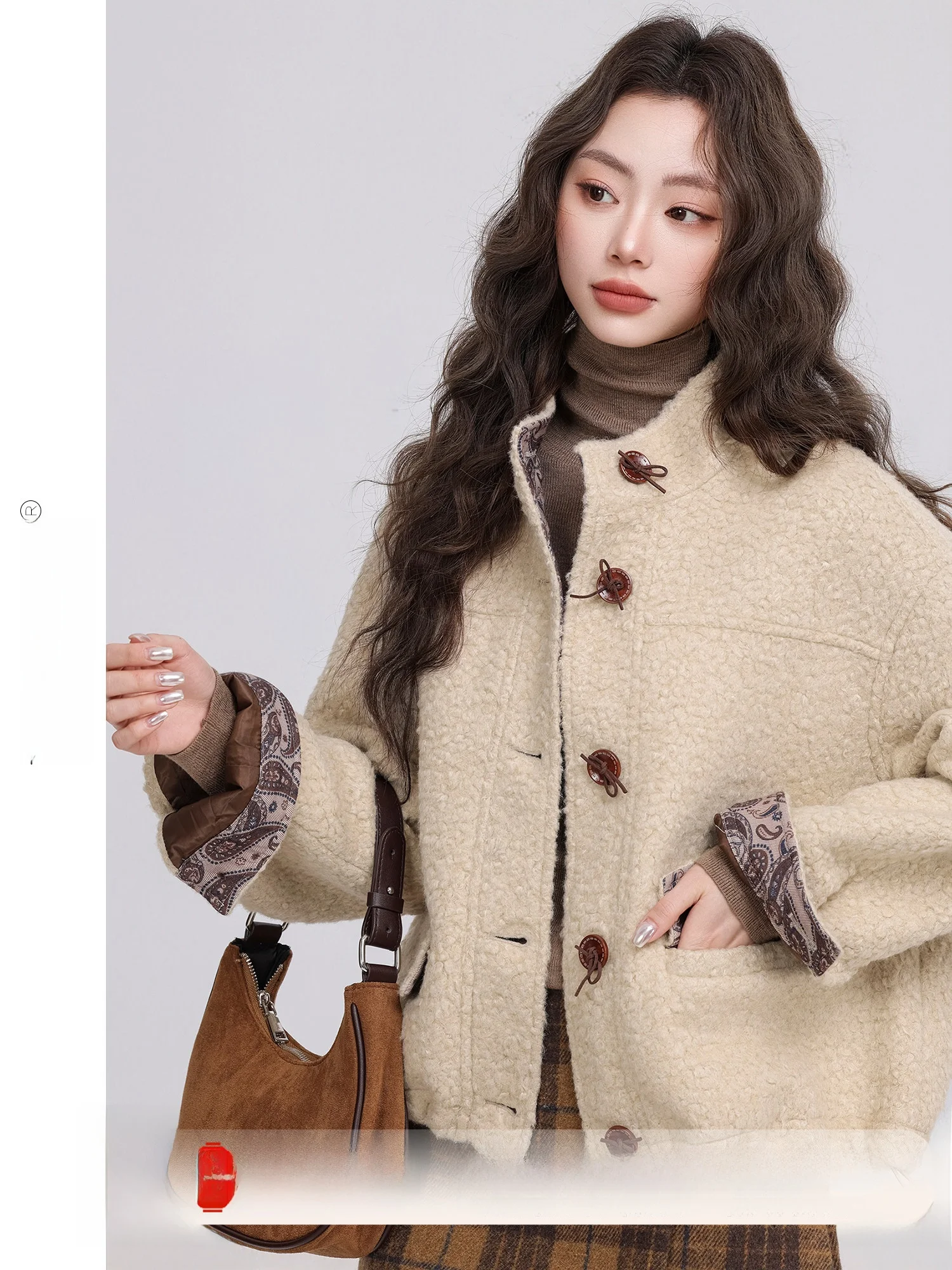 

Свободная женская куртка из овечьего меха в корейском винтажном стиле, теплая, с воротником-стойкой, утолщенная, с длинными рукавами, для повседневной носки