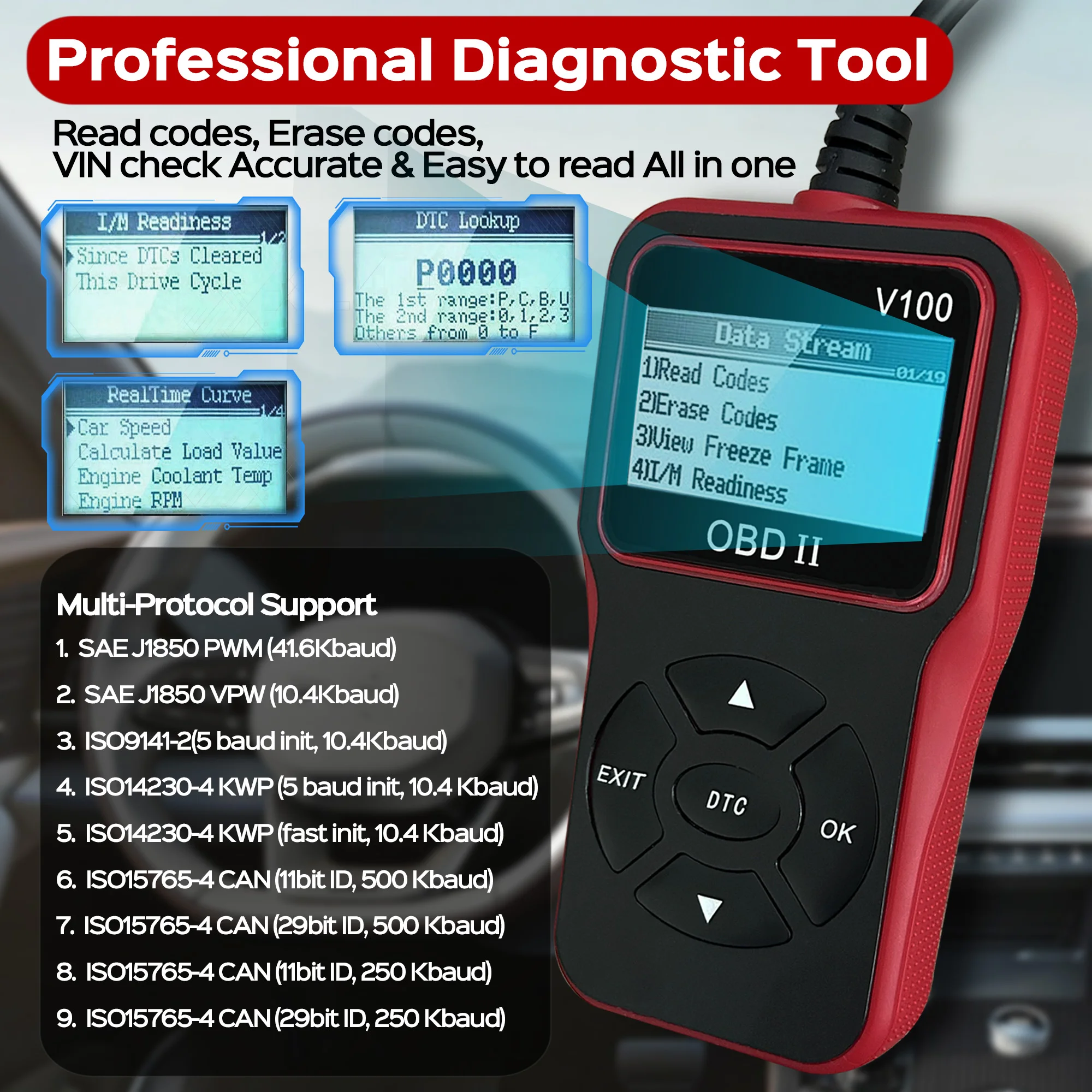 OBD2 Scanner Diagnostic Tool, Check Engine Code Reader OBD2 Scanner with Reset, I/M Readiness,  Auto Check Engine Light
