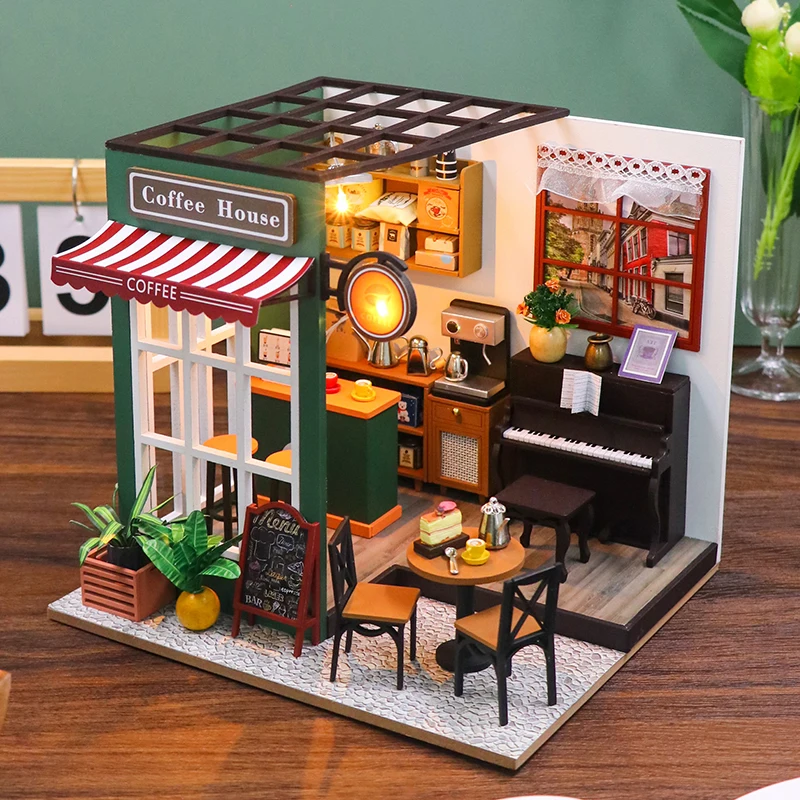 

NEW DIY Wooden Doll Houses Afternoon Cafe Casa Miniature Model Kits Coffee Dollhouse with Furniture 3D Puzzle for Friends Gifts