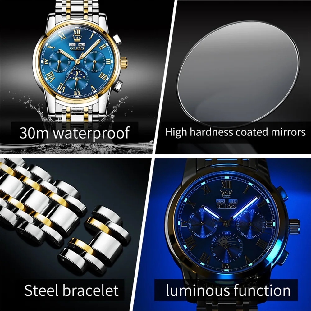 OLEVS 6692 Original Stainless Steel Moon Phase Calendar Luminous Waterproof Watches Classic Business Luxury Automatic Man Watch