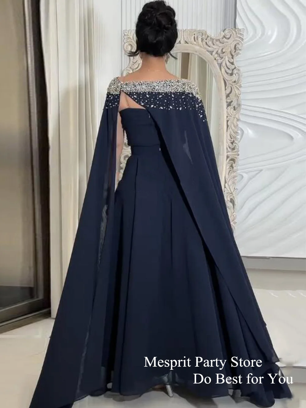 Navy Evening Dress with Detachable Cape Sweetheart Beading Sequined Arab Prom Dresses Chiffon A Line Formal Occasion Gown