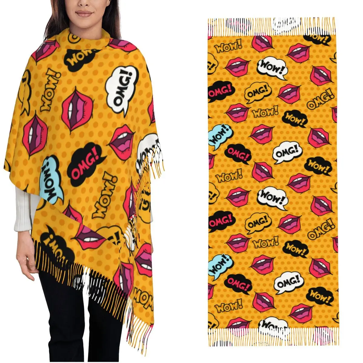 Womens Tassel Scarf Girl Lips Pop Art Comic Style Large Winter Warm Shawl and Wrap Hippie Speech Bubbles Gifts Cashmere Scarf