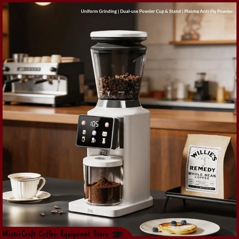 Bincoo Electric Coffee Grinder 40mm Stainless Steel Conical Burr Timed Quantitative Touch Control Anti Static Dual Use For Home