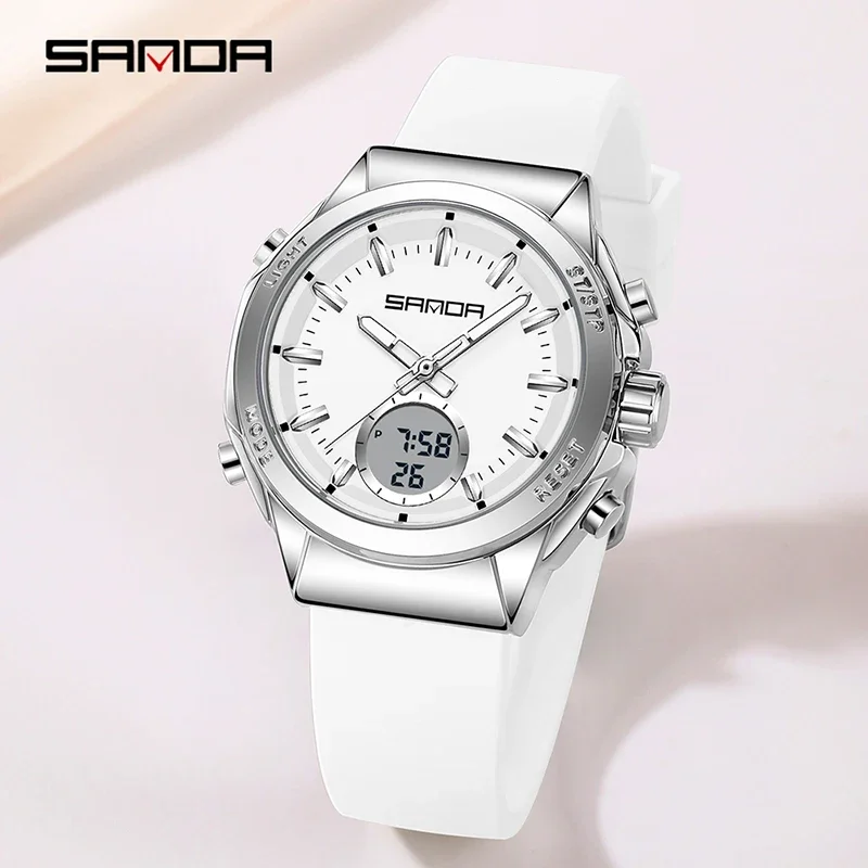 ساعة SANDA الرقمية المقاومة للماء كاجوال للنساء البرية وساعة منبه وإضاءة ليلية وحزام سيليكون إلكتروني للفتيات