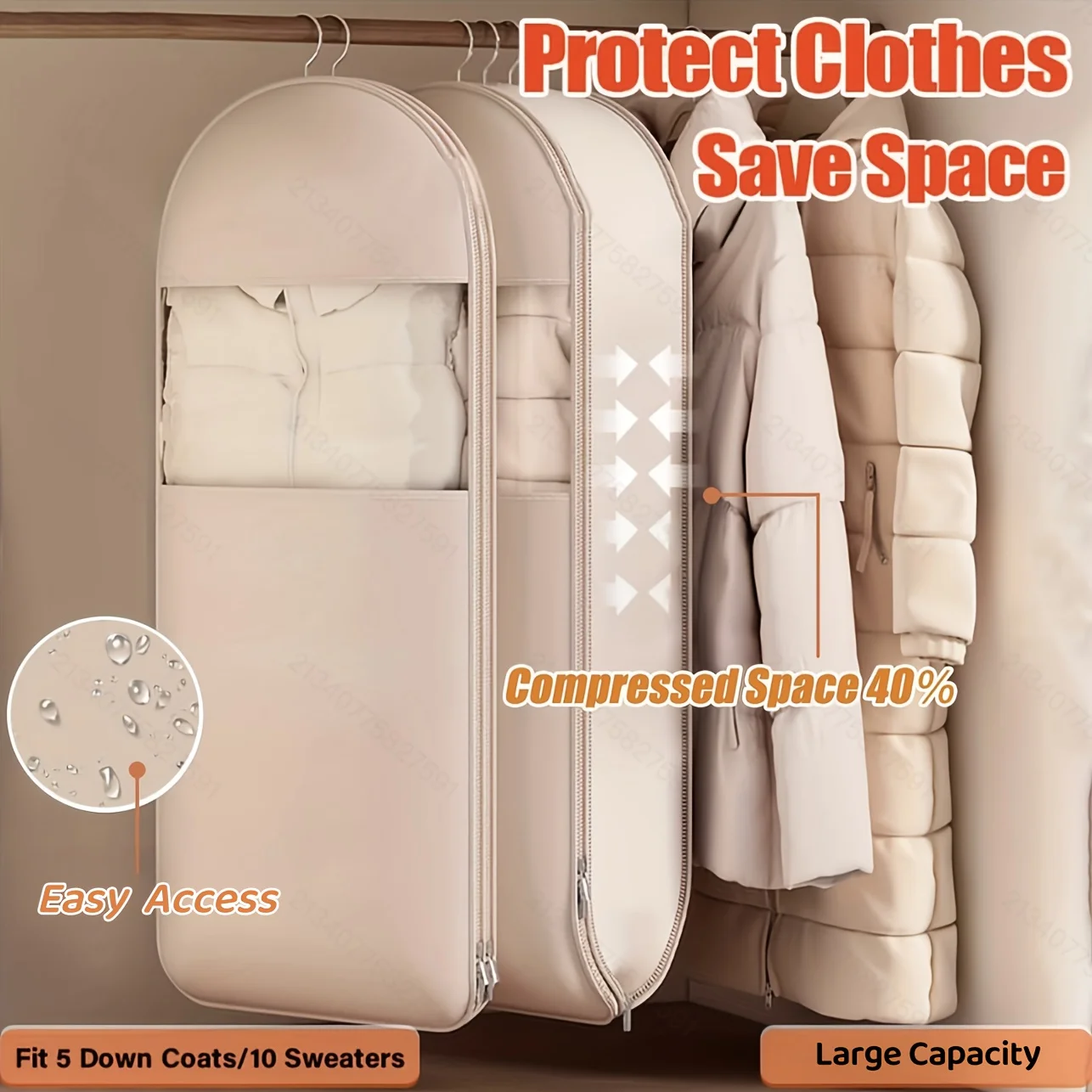 1Pc Beige Compression Hanging Bags (90/110/130 Cm) - Suitable For Down Jackets And Winter Clothing, Transparent-image