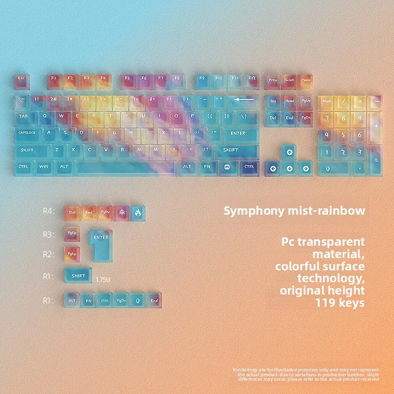 

Rainbow Iridescent Mist Prismatic PC Transparent Keycaps 119PCS Mini Full Set OEM Profile Mechanical Keyboard Compatible