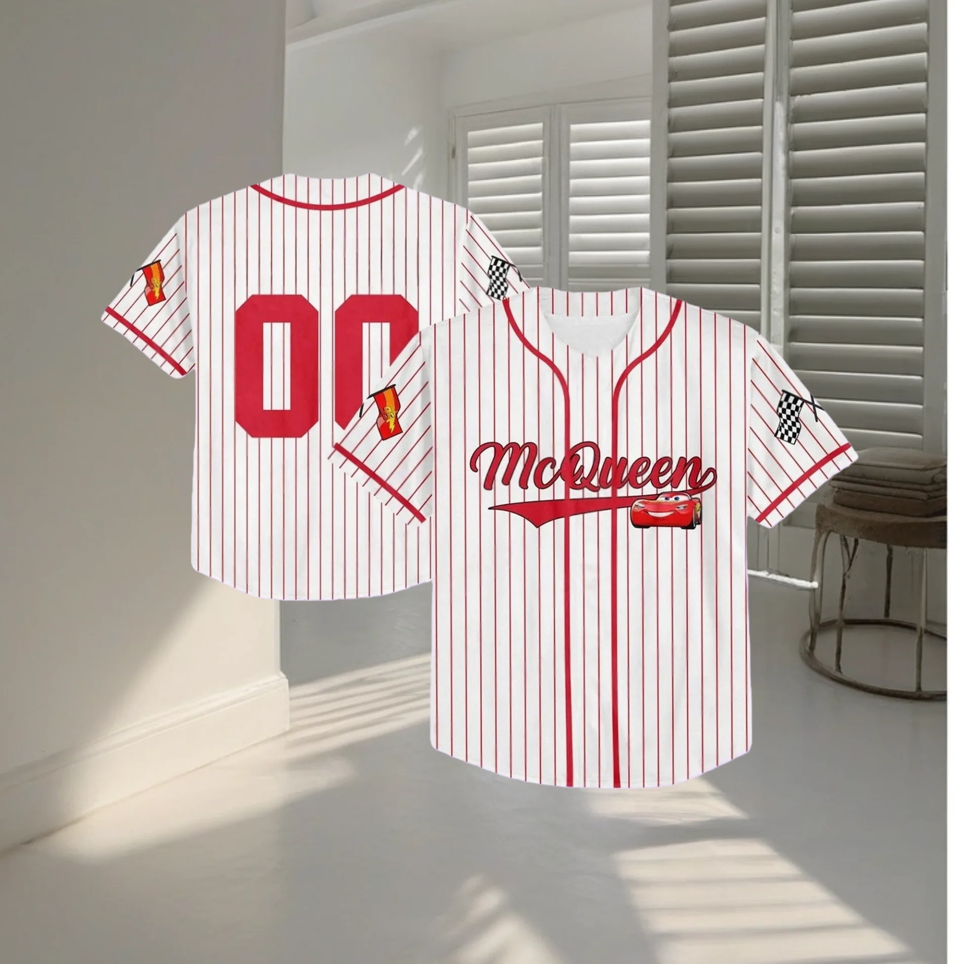 2026 ديزني كارز لايتنينج ماكوين البيسبول جيرسي الرجال النساء الاطفال الصيف عادية كم قصير البيسبول قميص موضة جيرسي #3