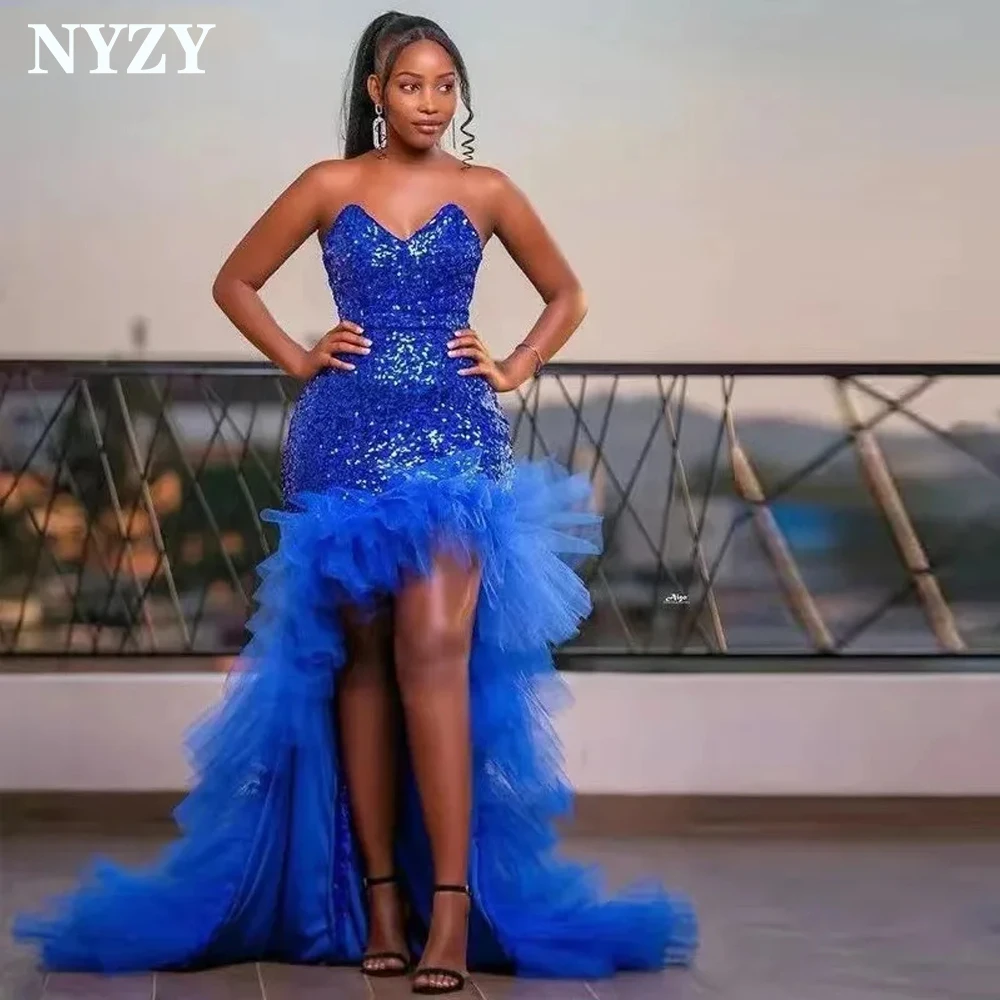 

NYZY P172 Customized Royal Blue Sequins Prom Dresses 2025 Short Front Long Back Birthday Cocktail Party Evening Gowns