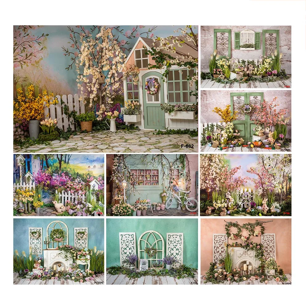 การถ่ายภาพพื้นหลังฤดูใบไม้ผลิไข่ที่มีสีสันรั้วสวนดอกไม้เด็ก Portrai ตกแต่งฉากหลัง Photo Studio