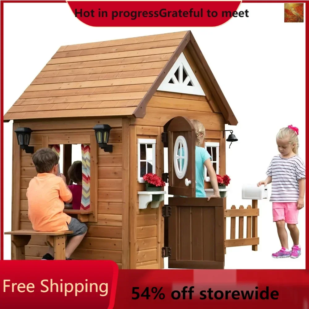 

Backyard Discovery Aspen All Cedar Wooden Playhouse Flower Pot Hol·utdoor Light Attached Picnic Bench Playhouses Outdoor Light