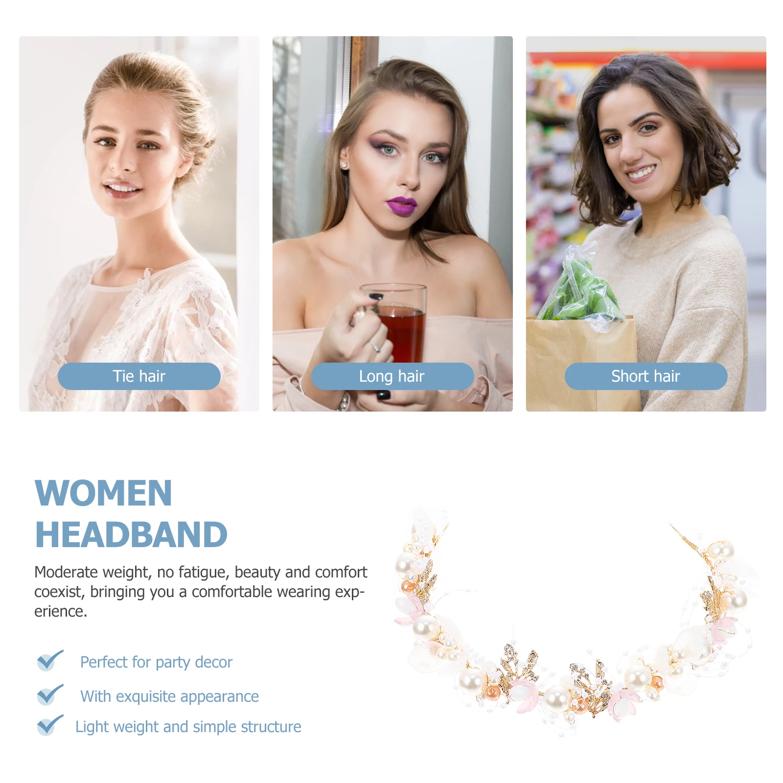 

Pearl Flower Headband Women Hairband Girl Handmade Headdress Bridal Wedding Party Photo Hairstyle Daily Banquet Alloy