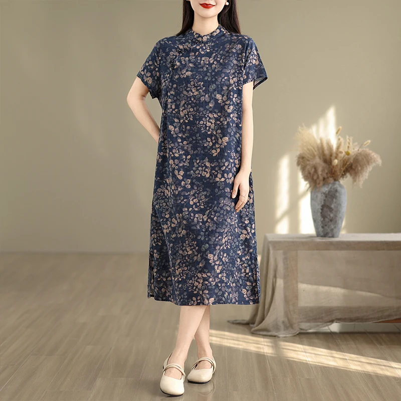 

Свободная посадка из хлопка и льна с цветочным принтом Qipao Dr, летняя утягивающая юбка средней длины с высокой талией и пуговицами