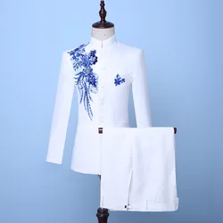 Conjunto de chaqueta y pantalones blancos para hombre, Túnica china con bordado de lentejuelas, traje de 2 piezas para fiesta, boda, padrino de boda, esmoquin ajustado