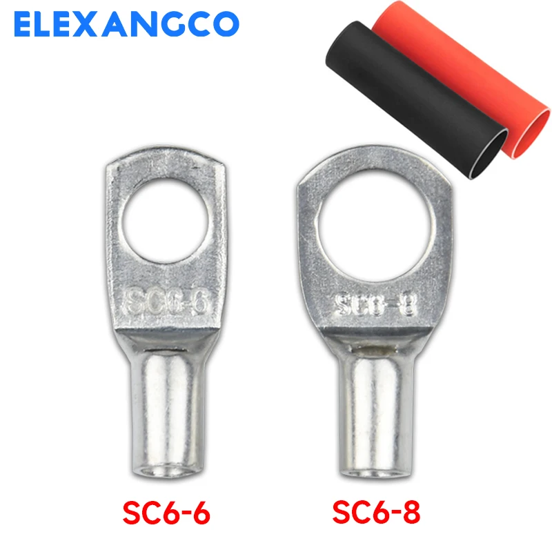 30Pcs SC6-6/8 Battery Copper Wire Lugs Heavy Duty Cable Ends Tubular Ring Crimp Terminals Connectors With 2:1 Heat Shrink Tubing