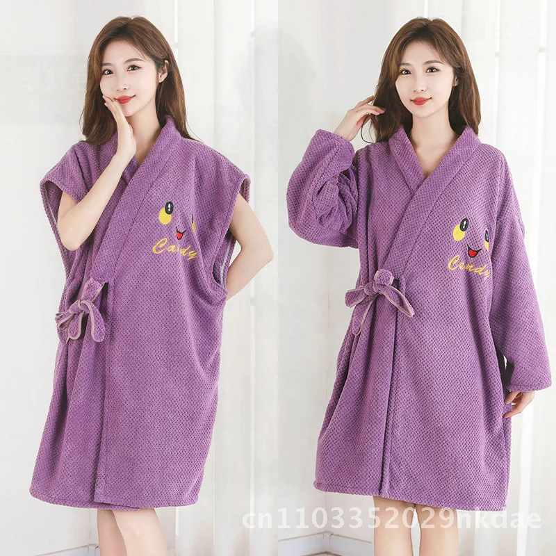 منشفة استحمام من القطن الخالص 2023 المرأة الخريف الشتاء التجفيف السريع الكبار البشكير المرجان الصوف ثوب النوم ألياف البوليستر السيدات #4