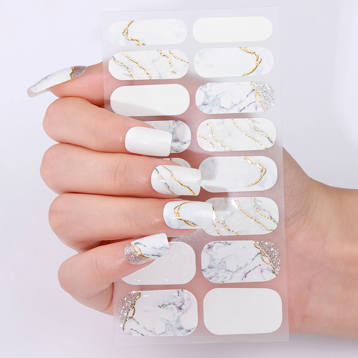 

16Tips Full Cover Nail Stickers White Marbling DIY Nail Polish Strips Long-Lasting Nail Art Stickers Manicure Decoration