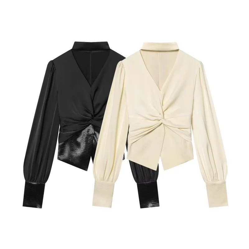 

Женская блузка French Sle с V-образным вырезом, приталенная, с пышными рукавами и узлом, универсальная, для повседневной носки, с длинными рукавами