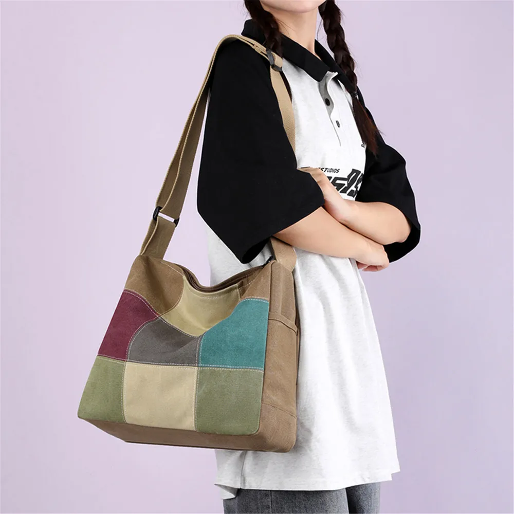 2023 Ladies Fashion Handbag Patchwork Rainbow Shoulder Crossbody Bags Ladies Canvas Messenger Bag Large Capacity Travel Work Bag