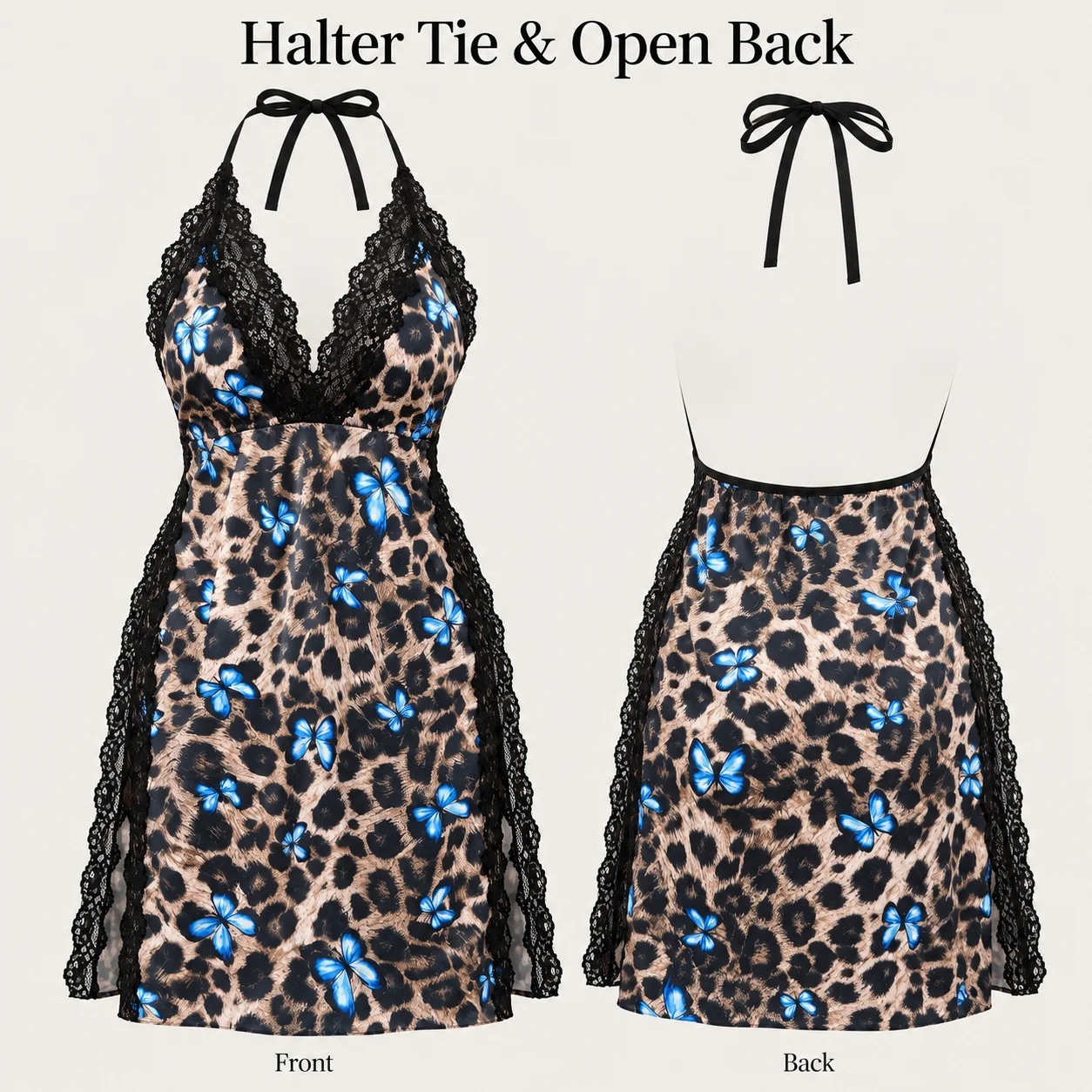 Women Lace Trim Halter Nightgown Leopard and Butterfly Print Deep V Neck Backless Mini Sleep Dress Polyester Elastane