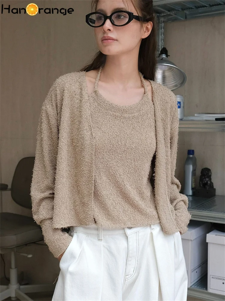 

HanOrange 2024 Autumn Lazy Towel Texture Camisole + One Button Cardigan Knitted Set Women Layered Top White/Light Coffee