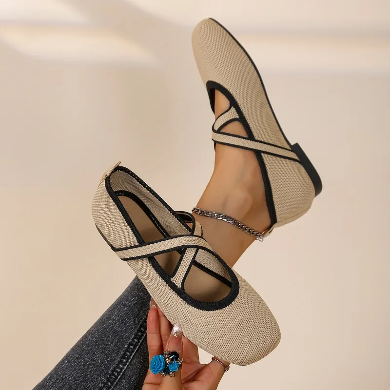 2026 New Knitted Round Toe Cross Strap Women's Flats and Loafers Fashion Simple Comfort Walking Women Shoes Балетки Женские
